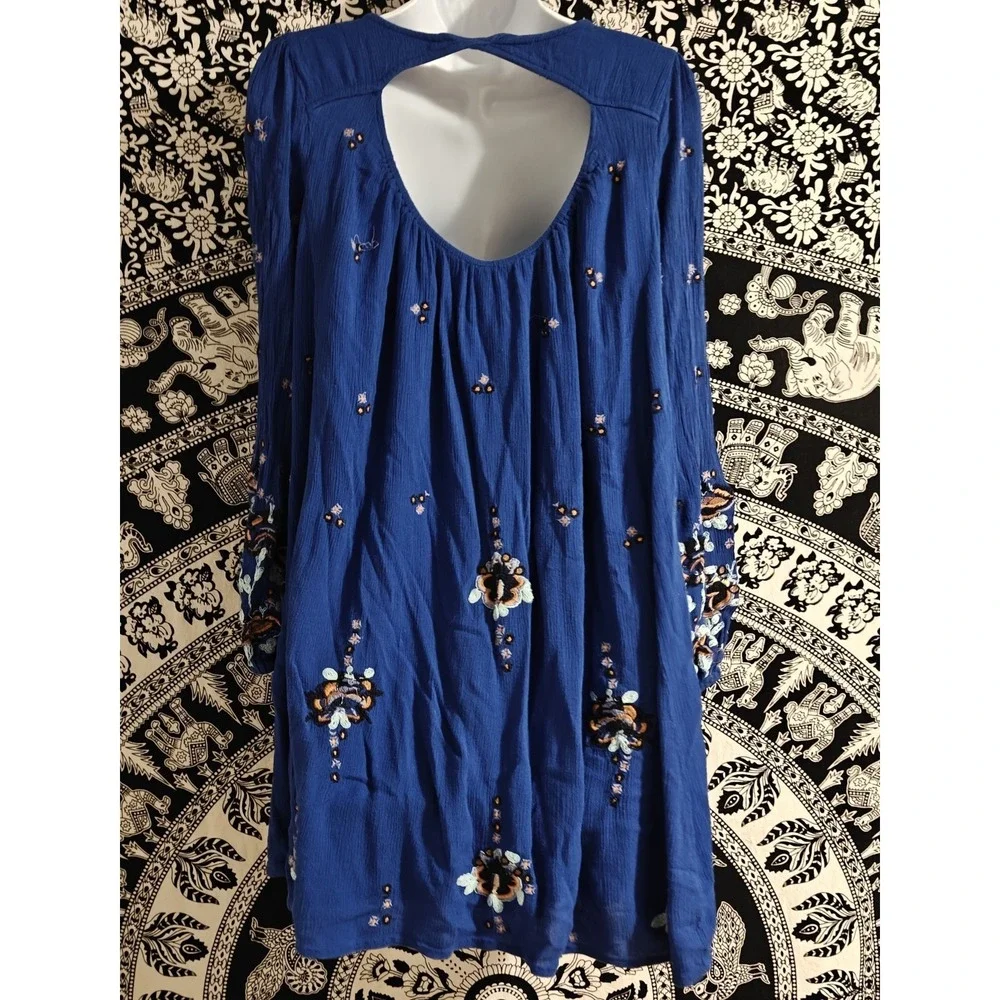 Free People Blue Oxford Embroidered Gypsy Swing Mini Dress Long Sleeve Sz XS